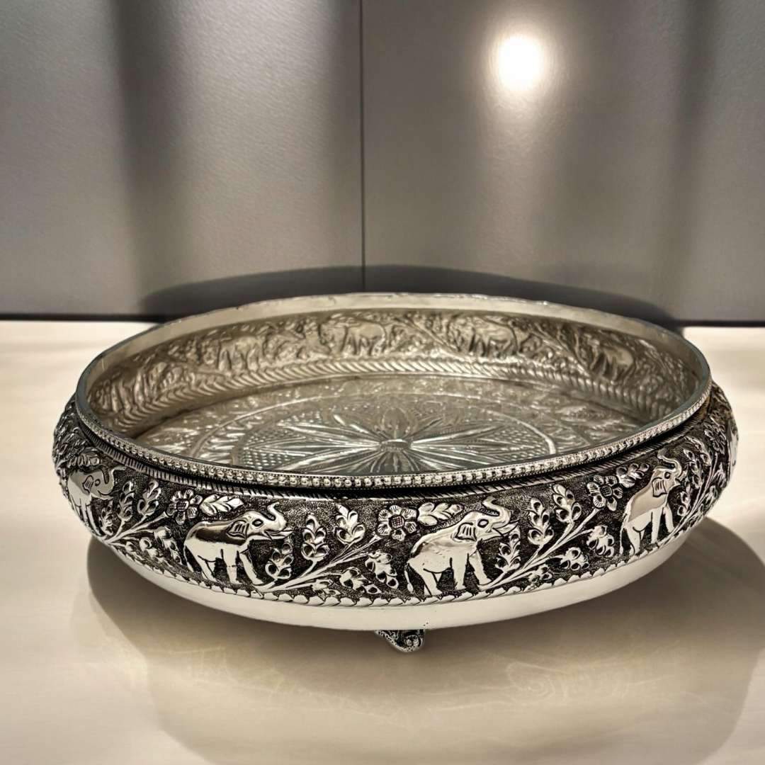 Exquisite indian silver bowl featuring fine detailing and an antique silver finish, suitable for home accents
