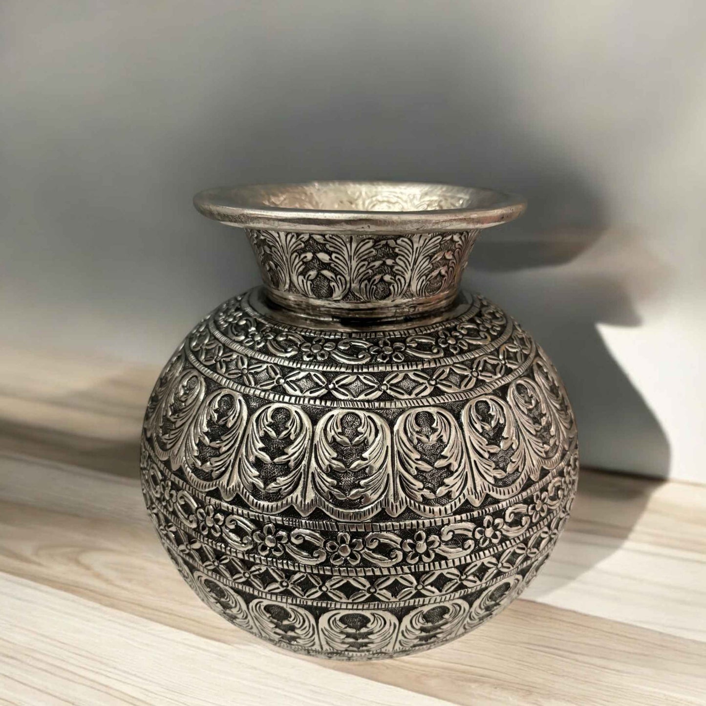Top-down view of 9.5-inch silver Matka vase showing opening and rim details