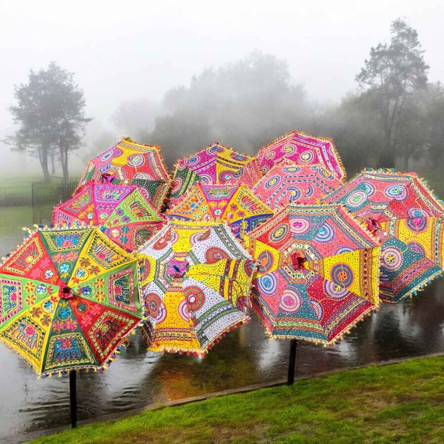 Colorful Bandhani cotton Rajasthani umbrella featuring intricate mirror work and embroidery, ideal for Diwali decoration