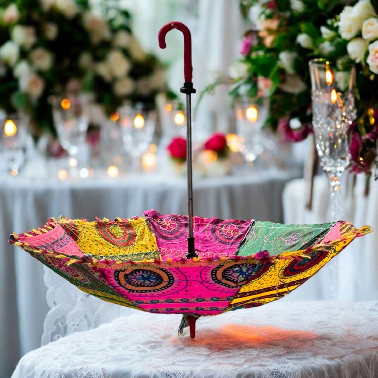 Decorative Desi umbrella with vibrant Bandhani patterns, perfect as a backdrop umbrella for events