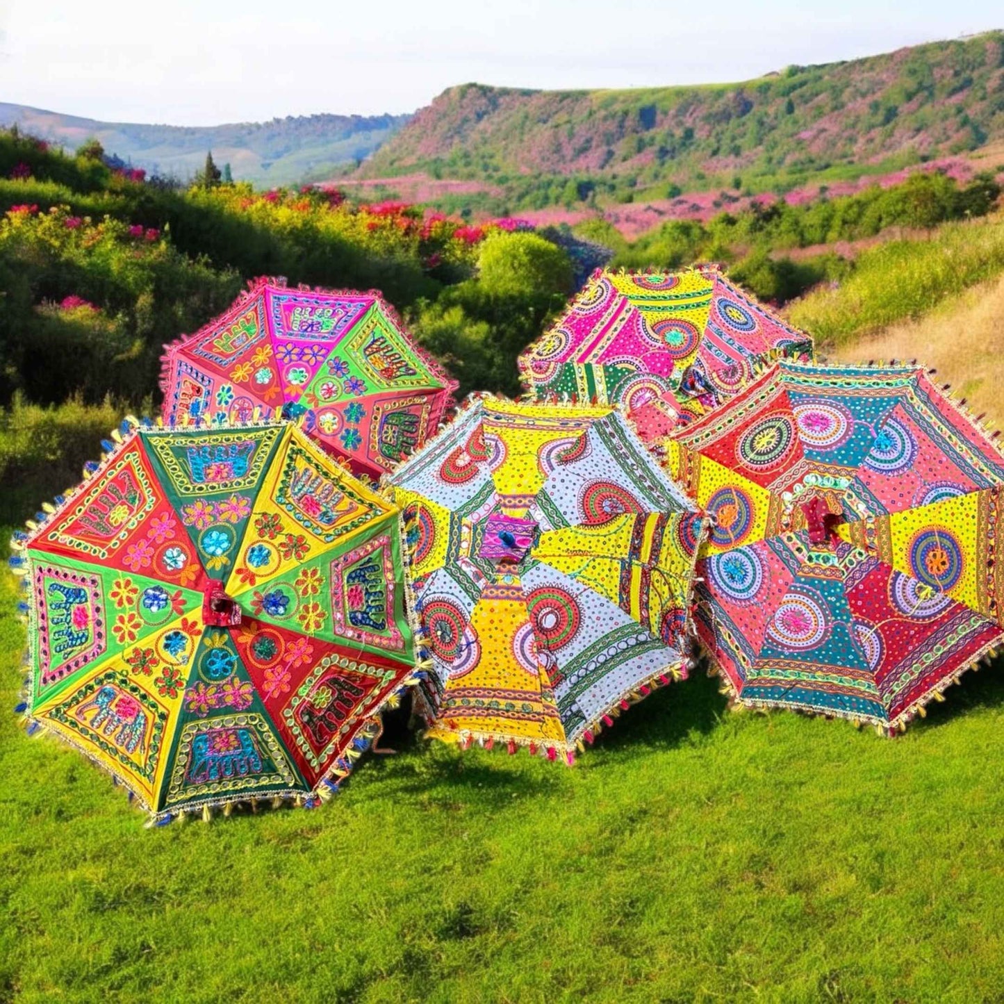 Handcrafted cotton umbrella showcasing traditional Rajasthani design, suitable for Diwali celebrations