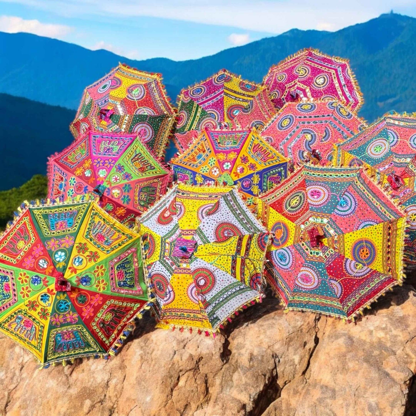 Colorful Bandhani cotton Rajasthani umbrella featuring intricate mirror work and embroidery, ideal for Diwali decoration