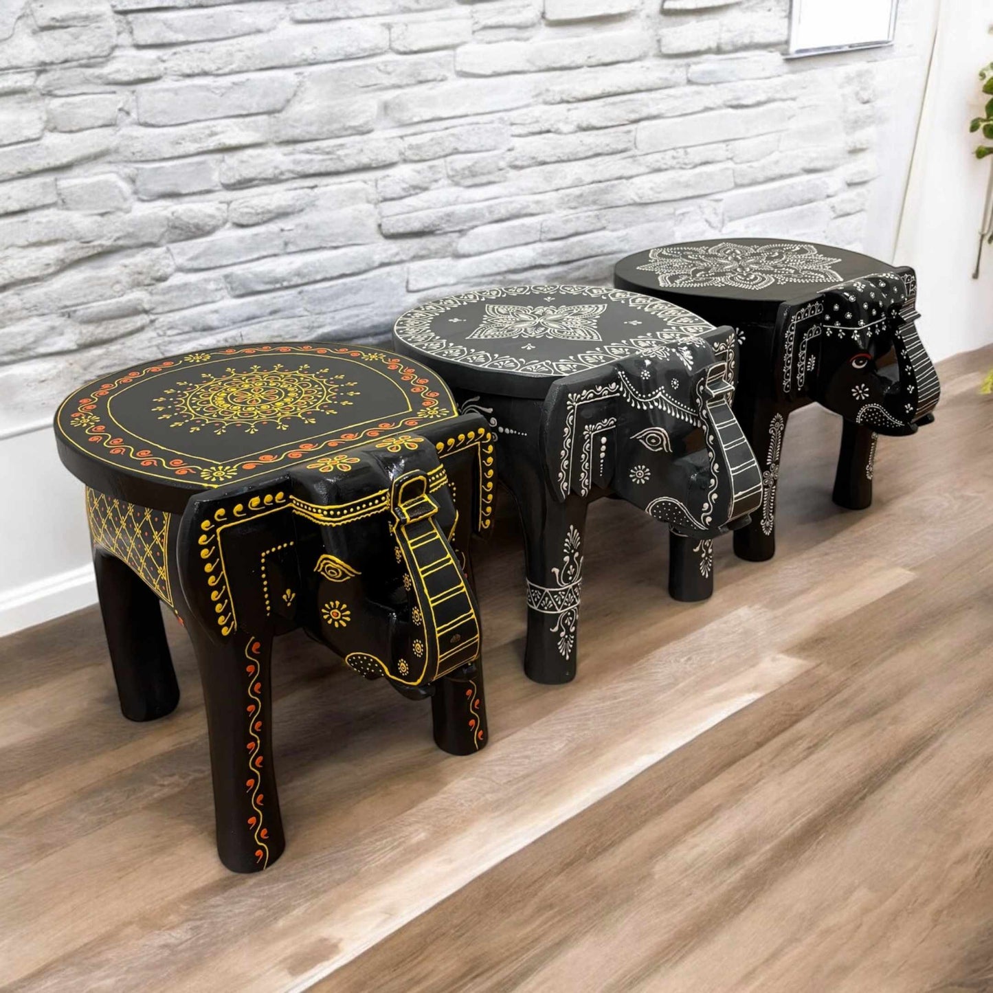 Wooden elephant stool with hand-carved details, perfect for a boho side table or coffee table