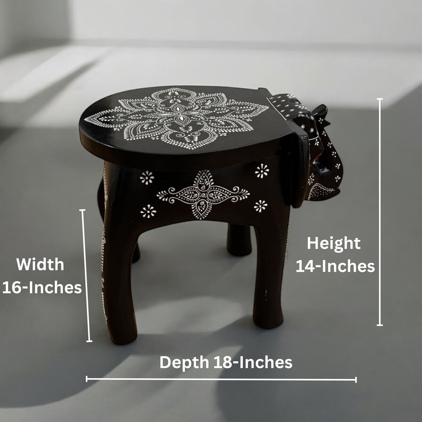 Dimensions of the wooden elephant stool highlighting its use as functional decor, 14 inch height, 18 inches wide and 13 inches side width