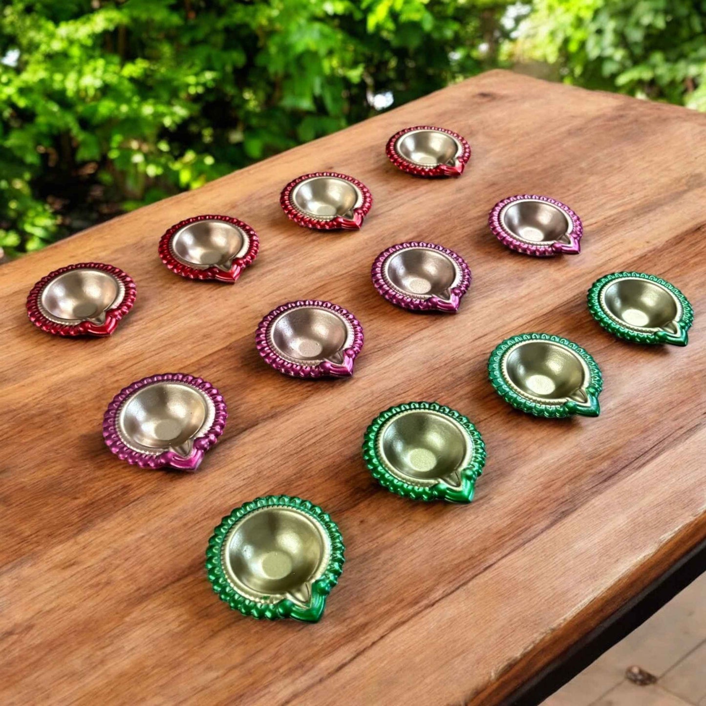 All 12 diyas lit together, creating a vibrant and festive display ideal for celebrations