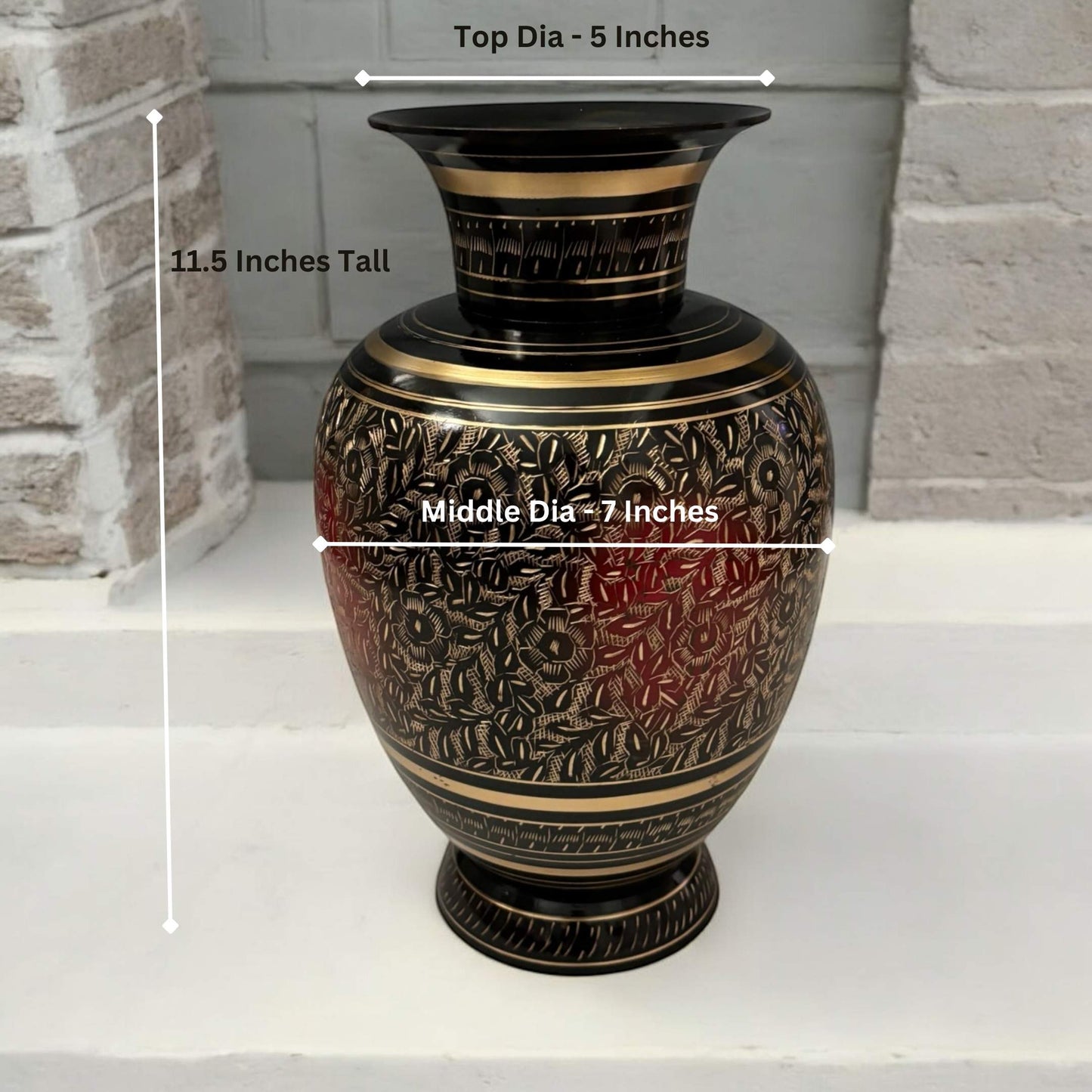 11.5-inch brass vase with a 5-inch top diameter and 7-inch middle diameter, elegant and timeless