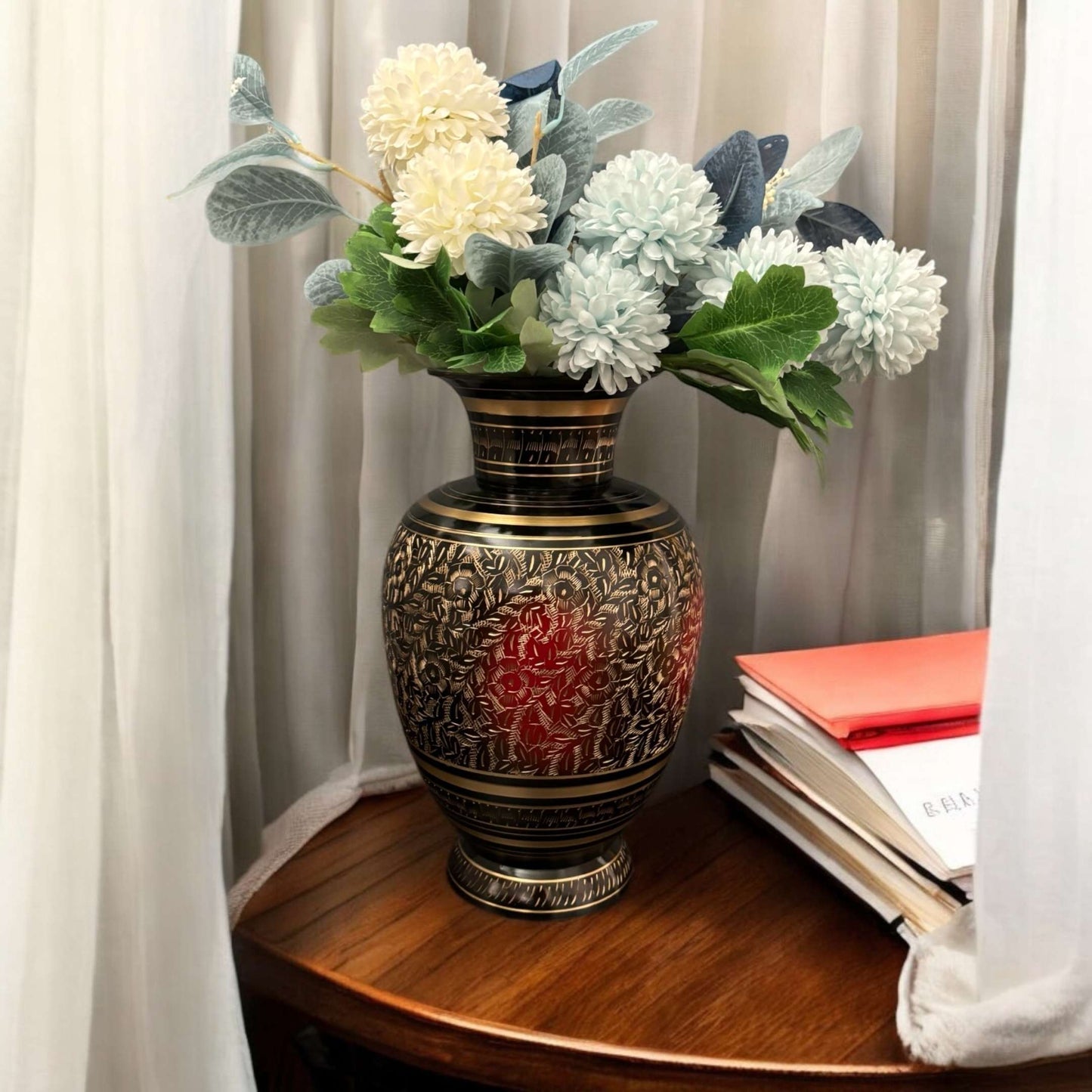 Elegant black brass vase with floral engravings, shipped from San Ramon, California, with free USA shipping