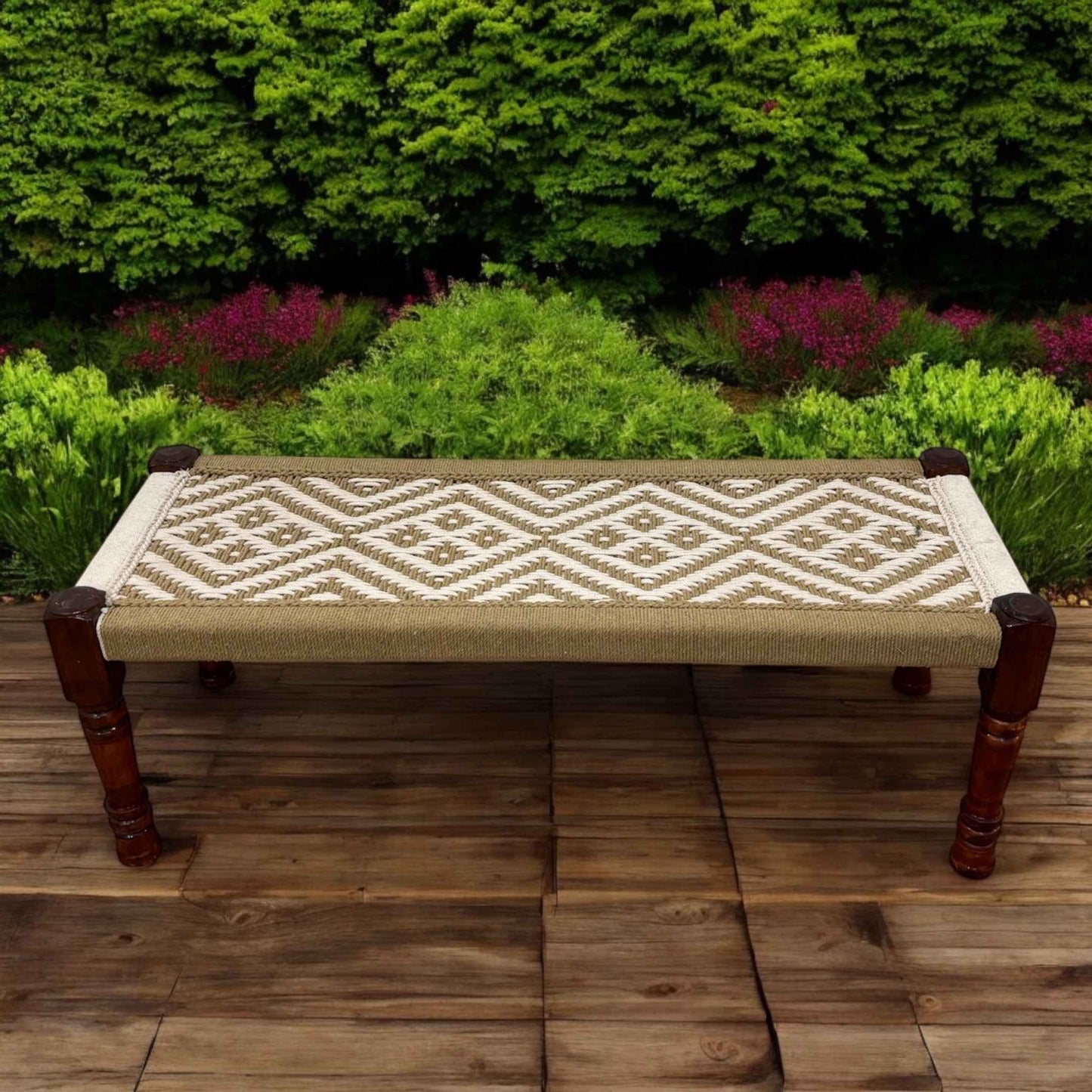 Handwoven Charpai bench with rustic jute cord seating, featuring a sleek silhouette and solid mango wood frame.