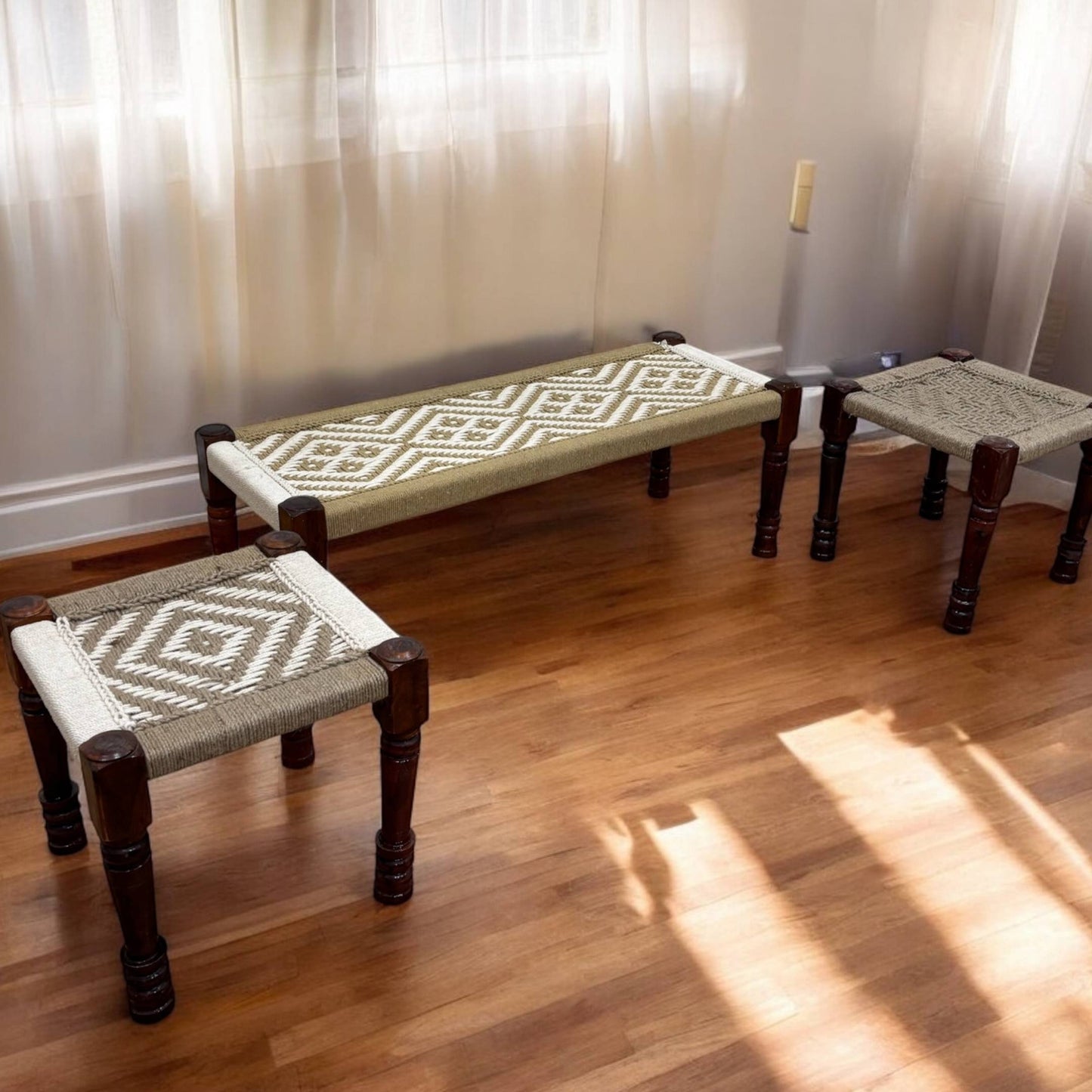 Boho-inspired Charpai bench and stool set styled with cushions, perfect for a cozy, rustic home