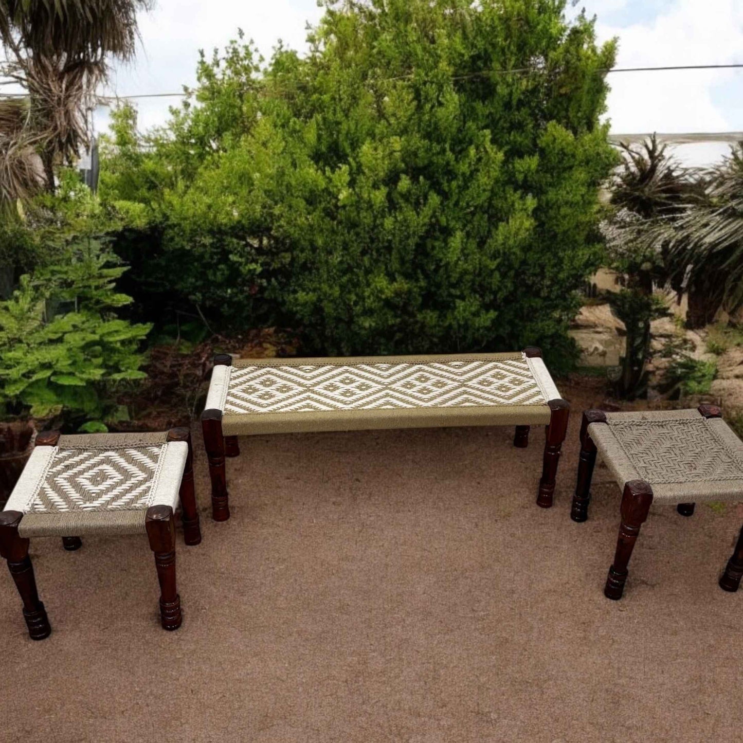 Handwoven Charpai bench and stool placed in a boho living room, blending rustic charm with modern design