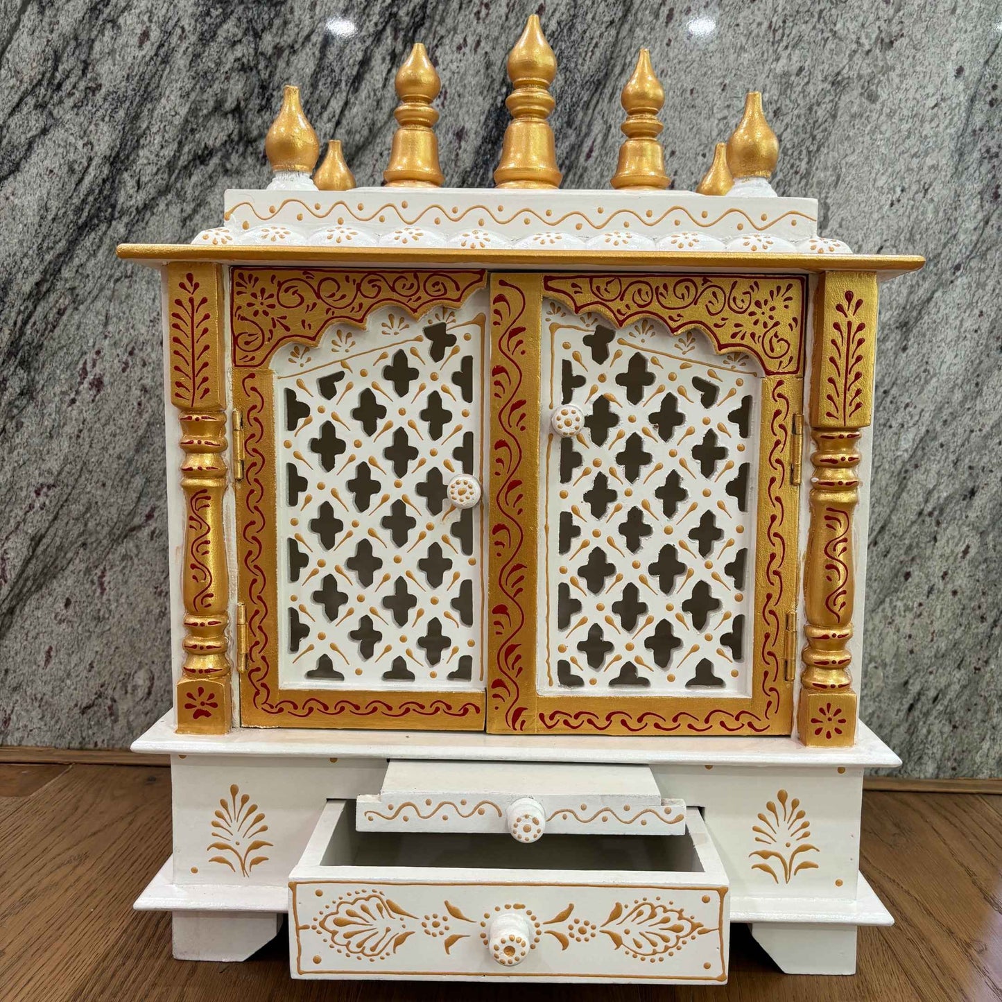 White and Gold Wooden Temple – 24.5x18x12 inches Pooja Mandir, Includes a drawer and tray to organize your pooja essentials