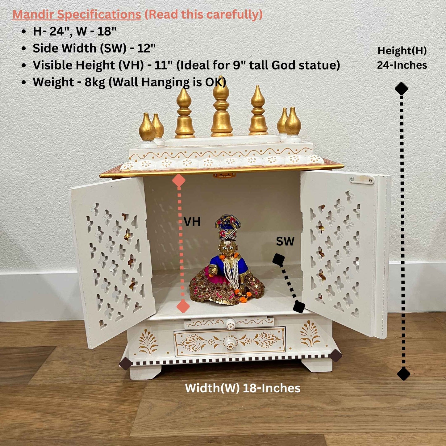 Dimensions of the wooden red mandir with drawers highlighting its use as hindu mandir temple usage at home, 24 inches height, 18 inches wide and 12 inches side width