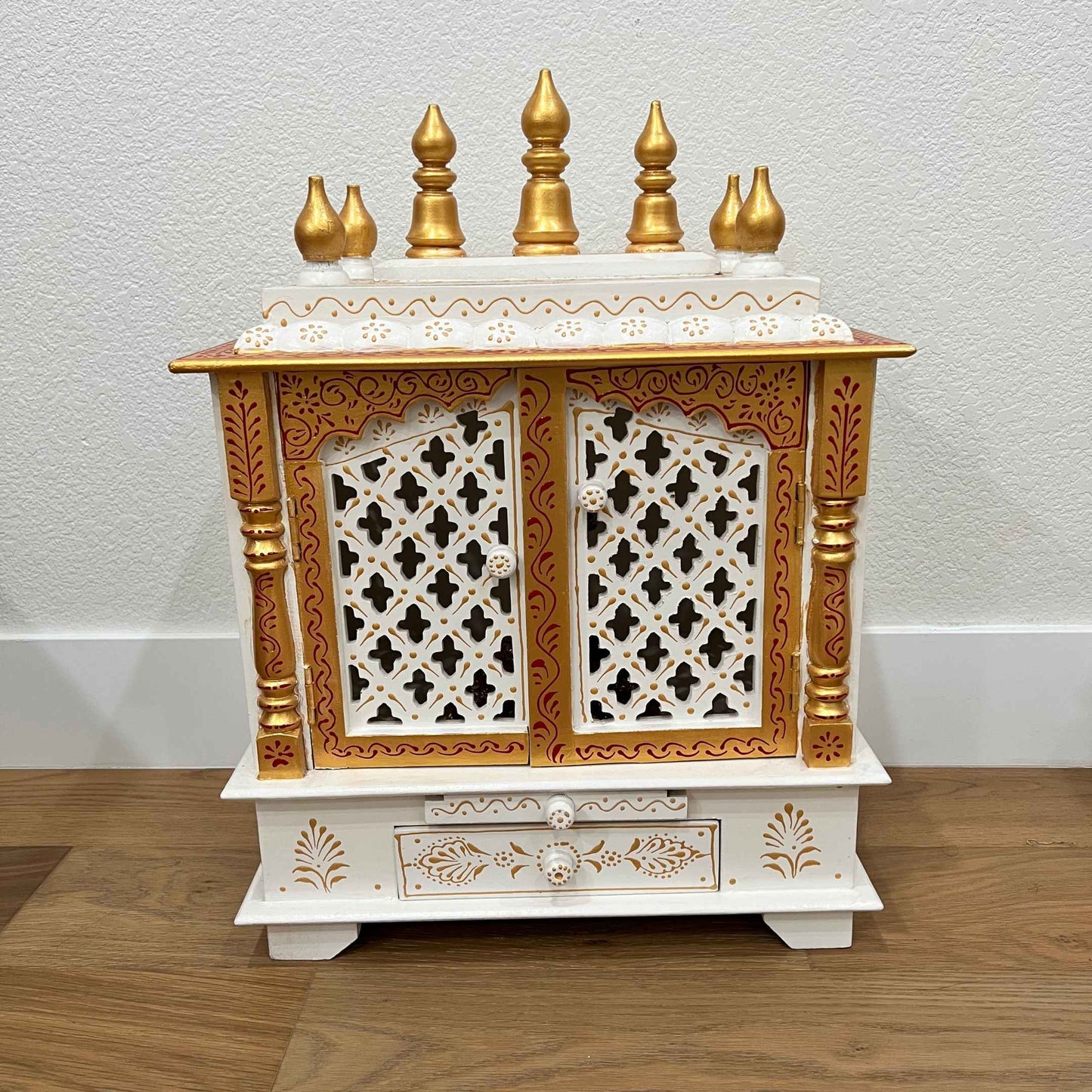 White and Gold Wooden Temple – 24.5x18x12 inches Pooja Mandir, elegantly handpainted, floor-sitting wooden temple with intricate detailing, perfect for home decor and worship