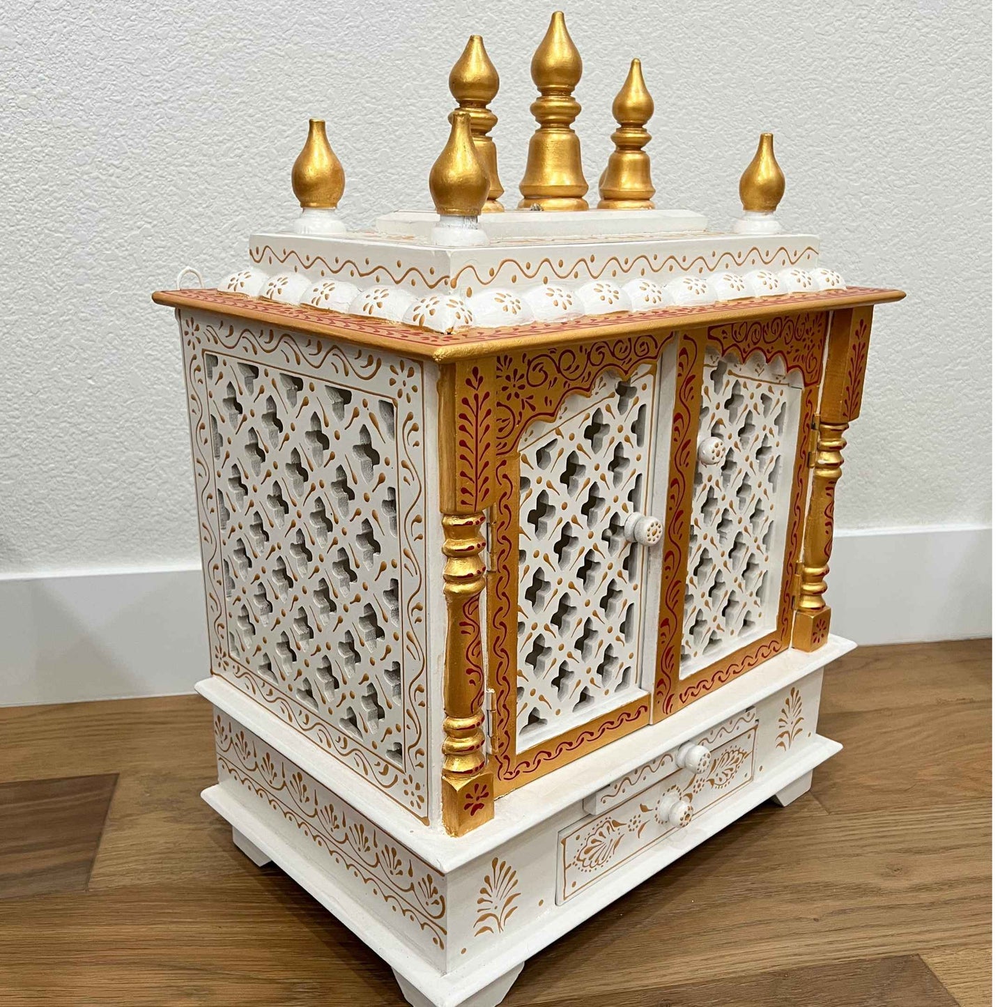 Side View Of White Pooja Mandir - White with gold accents for a timeless aesthetic