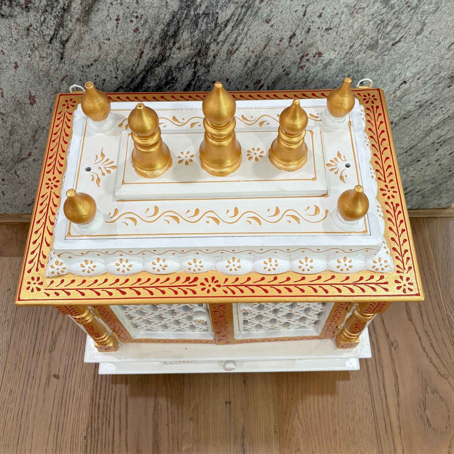 Top View Of White Gold Pooja Mandir - showcasing gopuram