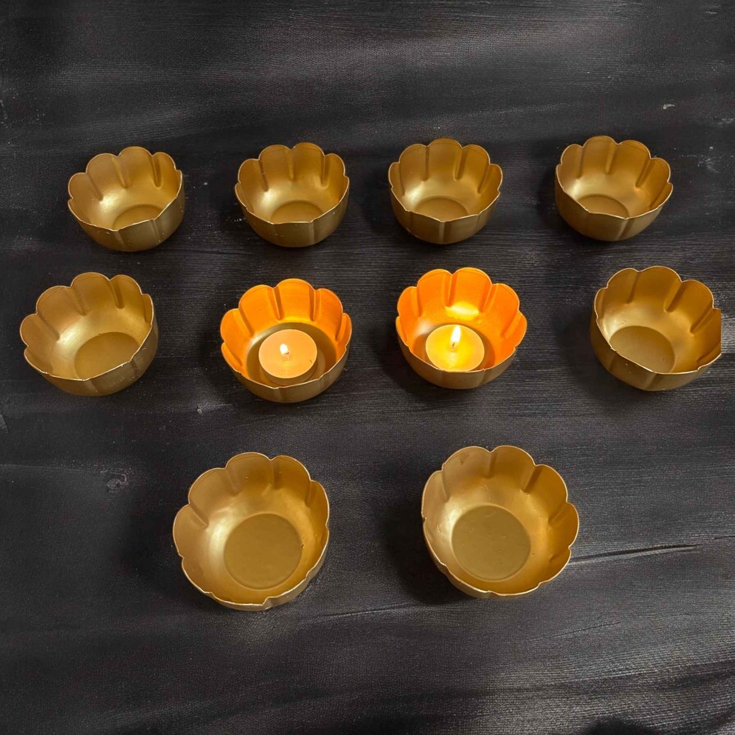 Kamal Utsav T-light Holder Set – 10 Gold Metal Diwali Diyas