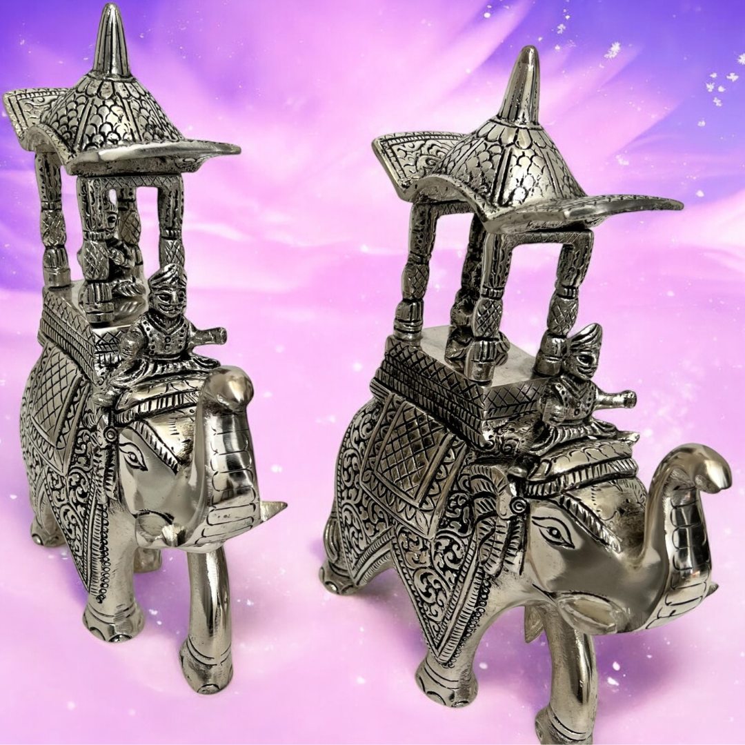 Pair of Walking Ambabari Elephant statues positioned as a set, ideal for symmetrical home decor arrangements