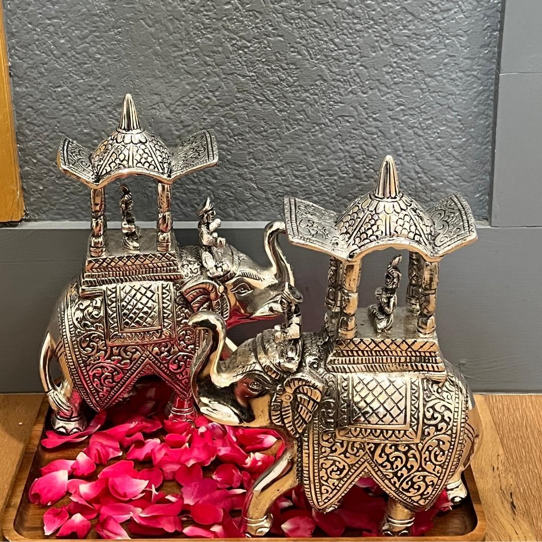 Front view of the 10-inch Walking Ambabari Elephant statue in antique silver finish, showcasing intricate handcrafted details