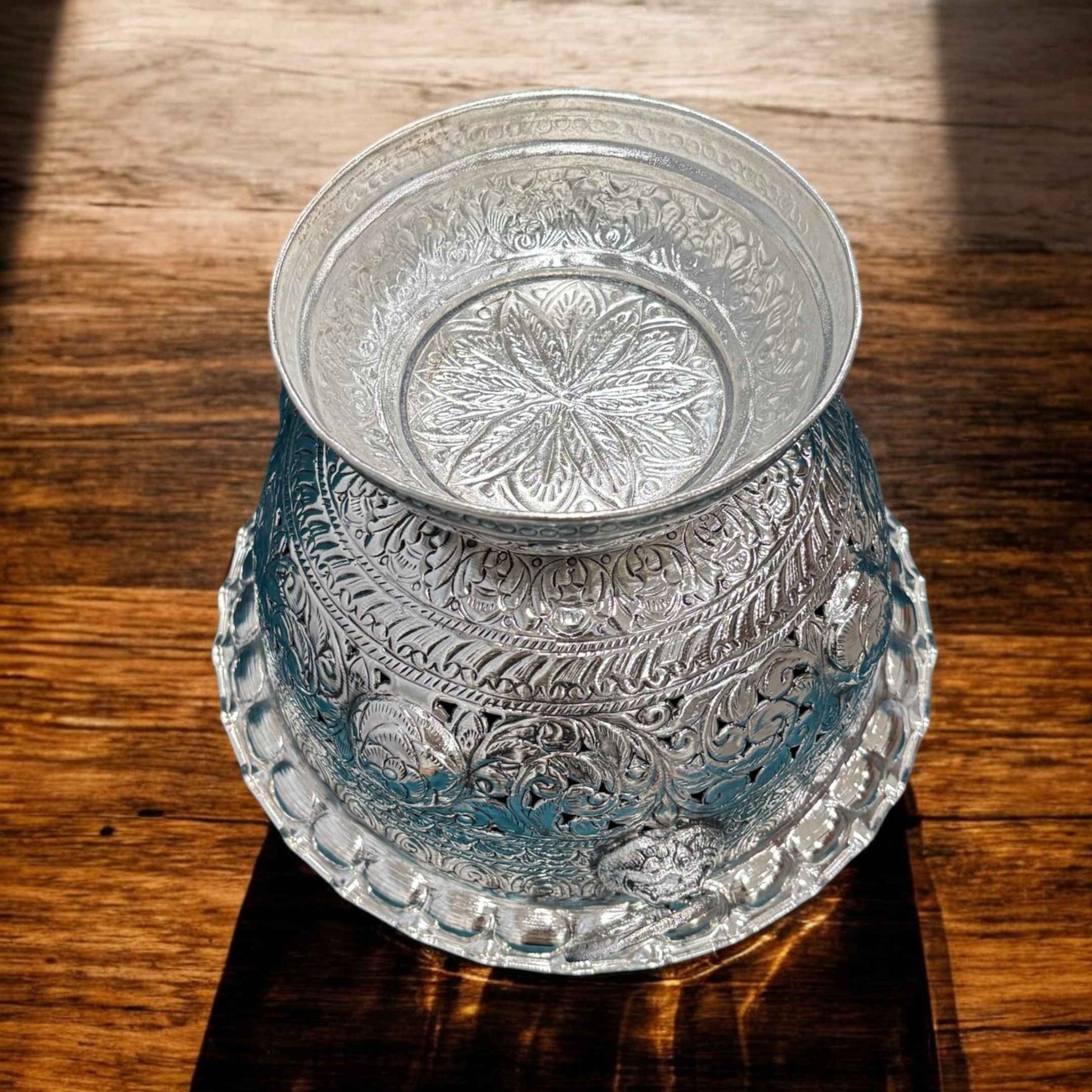 Overhead shot of the bowl, providing a clear view of its 9.5-inch diameter and the smooth, polished interior surface, reflecting light gracefully