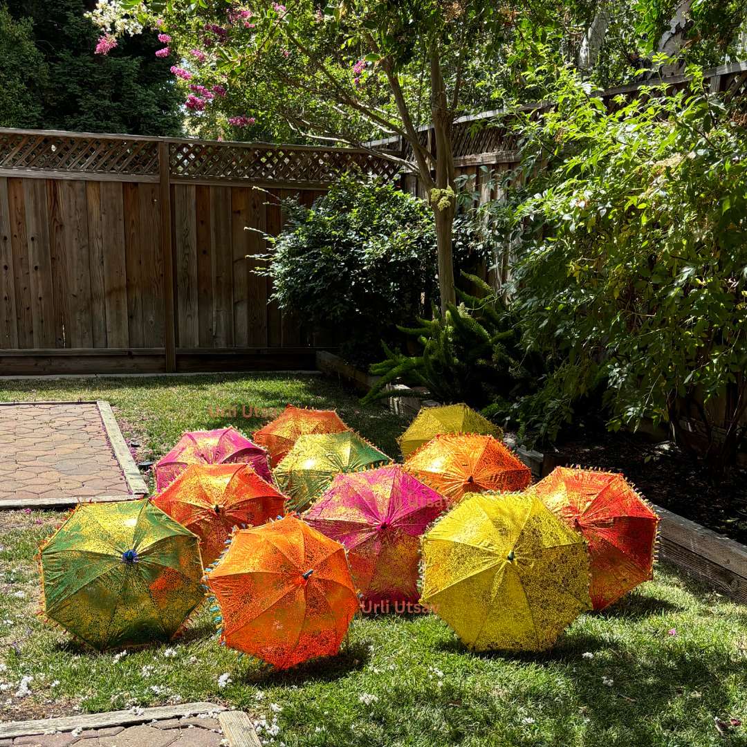 Traditional Rajasthani silk umbrella with golden print, ideal for cultural events and decorations