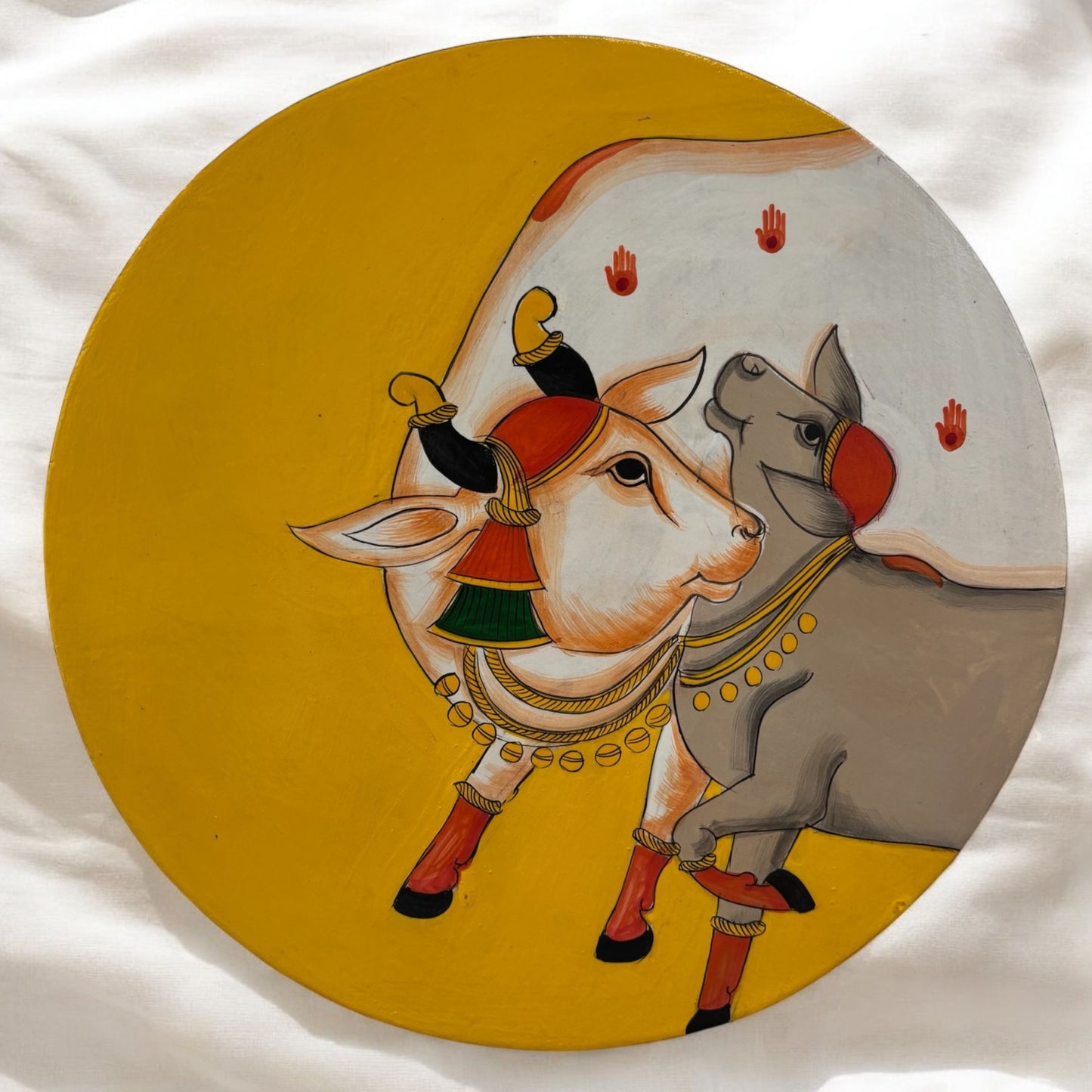 Handpainted Pichwai Cow & Calf wall plate featuring intricate traditional Indian art with vibrant colors, depicting the divine couple in a bohemian style
