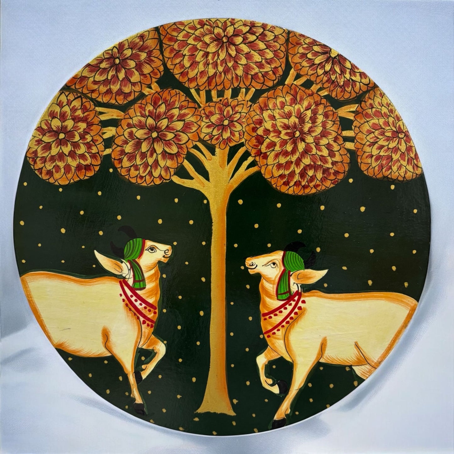 Handpainted Yellow Pichwai Cow wall plate featuring intricate traditional Indian art with vibrant colors, depicting the divine couple in a bohemian style