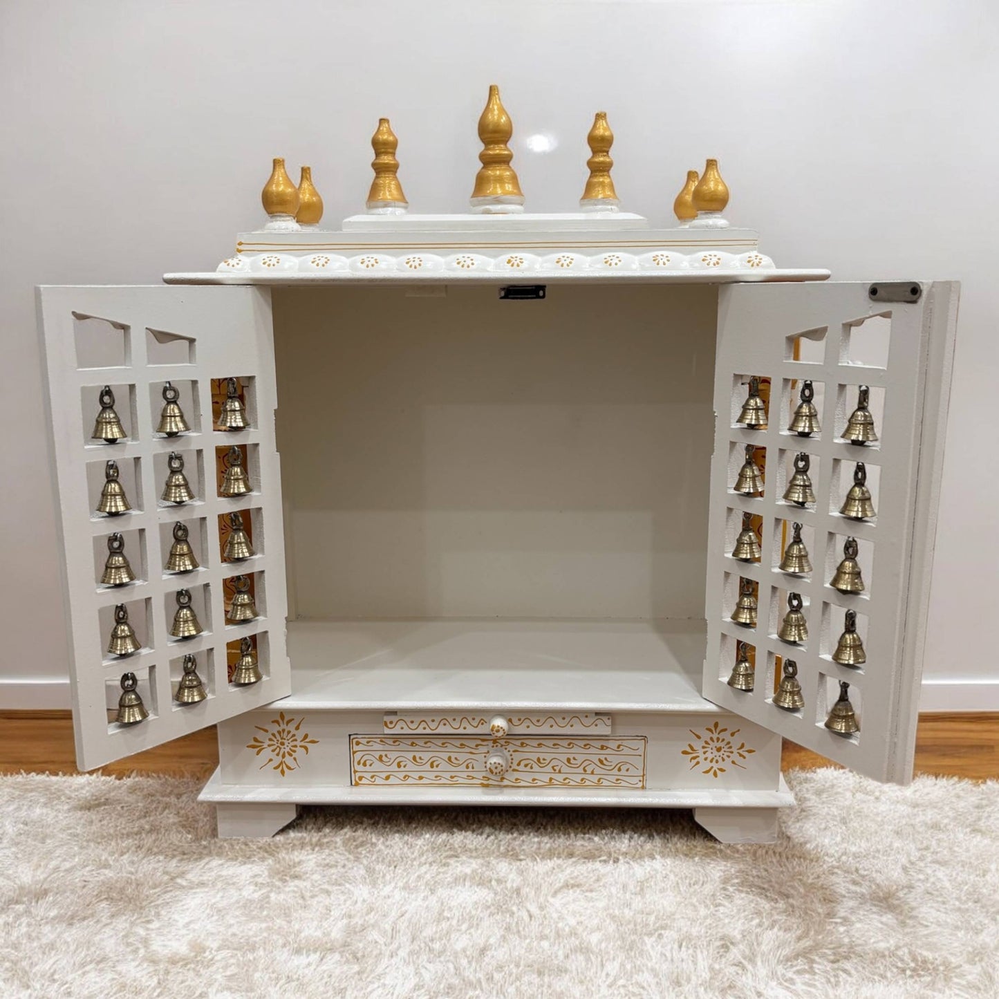 Tall Pooja Mandir - White Temple with Brass Bells & Doors from Urli Utsav