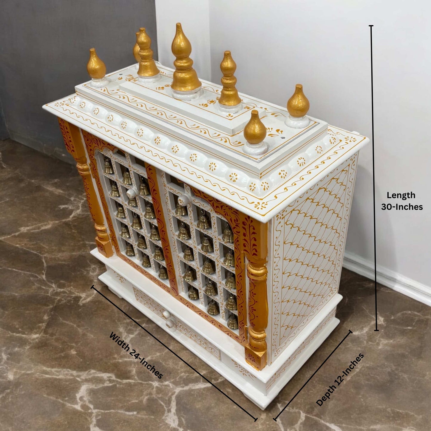 Tall Pooja Mandir - White Temple with Brass Bells & Doors from Urli Utsav