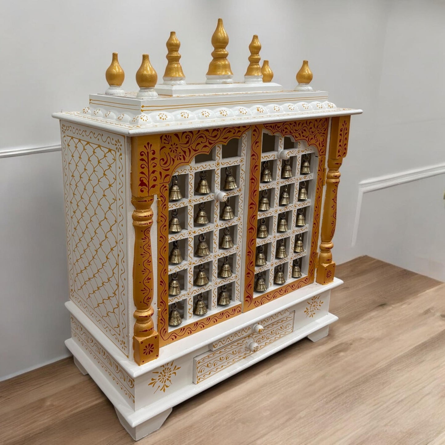 Tall Pooja Mandir - White Temple with Brass Bells & Doors from Urli Utsav