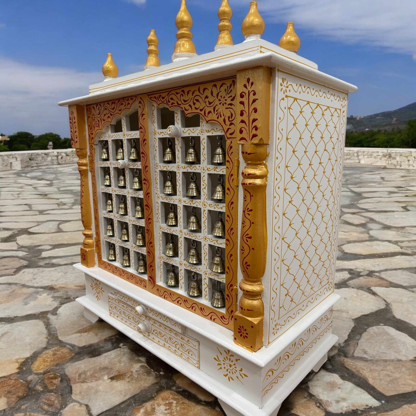 Tall Pooja Mandir - White Temple with Brass Bells & Doors from Urli Utsav