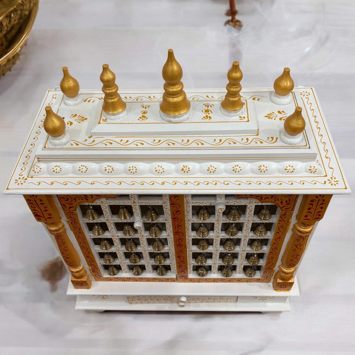 Tall Pooja Mandir - White Temple with Brass Bells & Doors from Urli Utsav