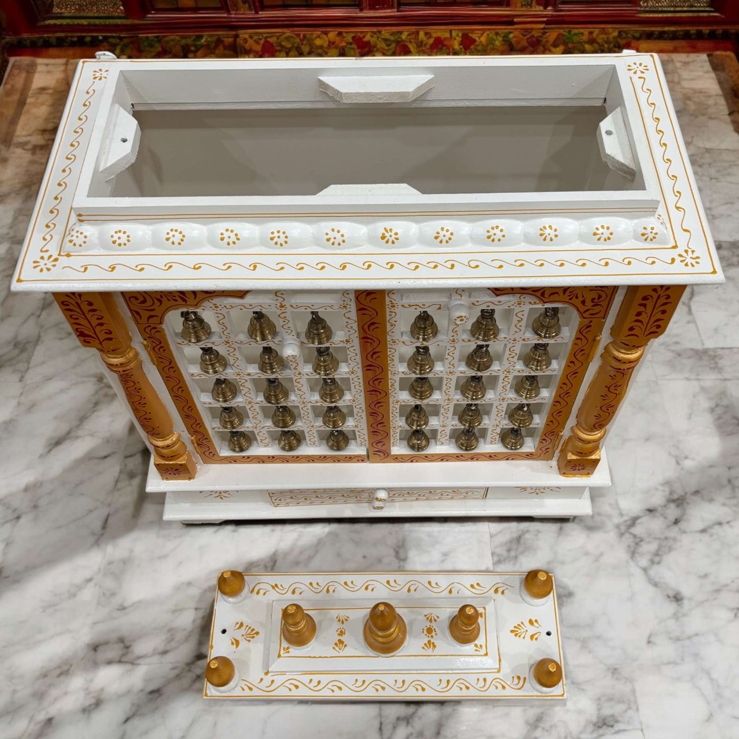 Tall Pooja Mandir - White Temple with Brass Bells & Doors from Urli Utsav