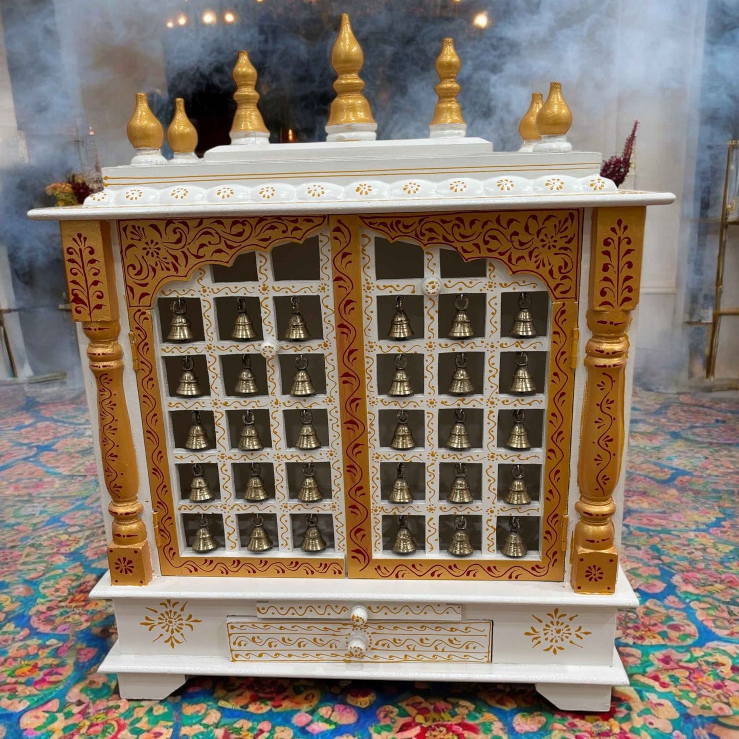 Tall Pooja Mandir - White Temple with Brass Bells & Doors from Urli Utsav