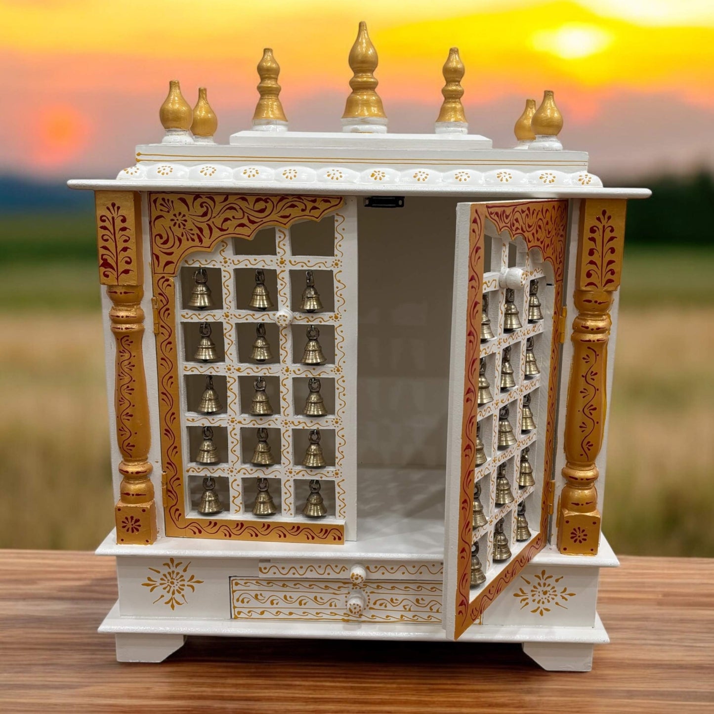 Tall Pooja Mandir - White Temple with Brass Bells & Doors from Urli Utsav