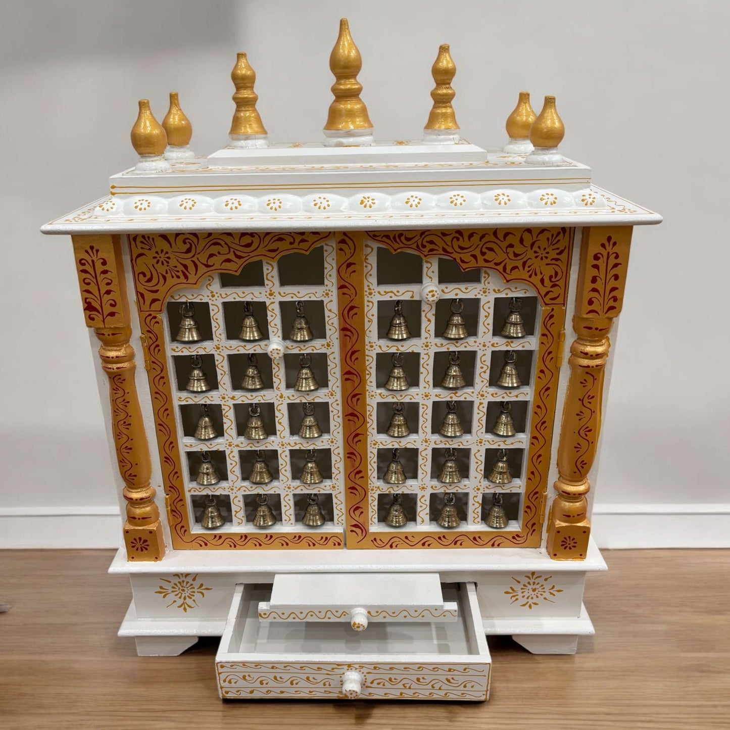 Tall Pooja Mandir - White Temple with Brass Bells & Doors from Urli Utsav