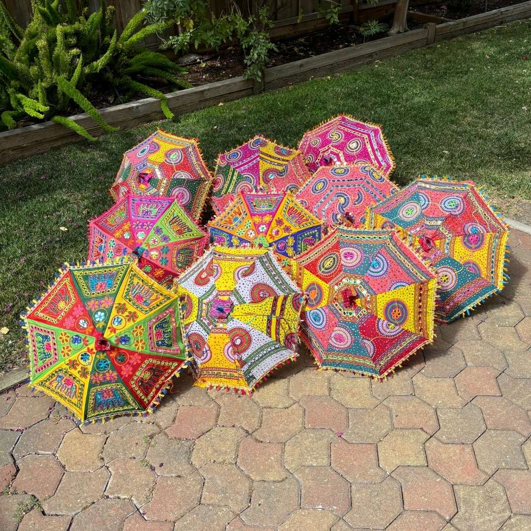 Vibrant decorative umbrella with traditional Rajasthani embroidery, perfect for enhancing Diwali decor
