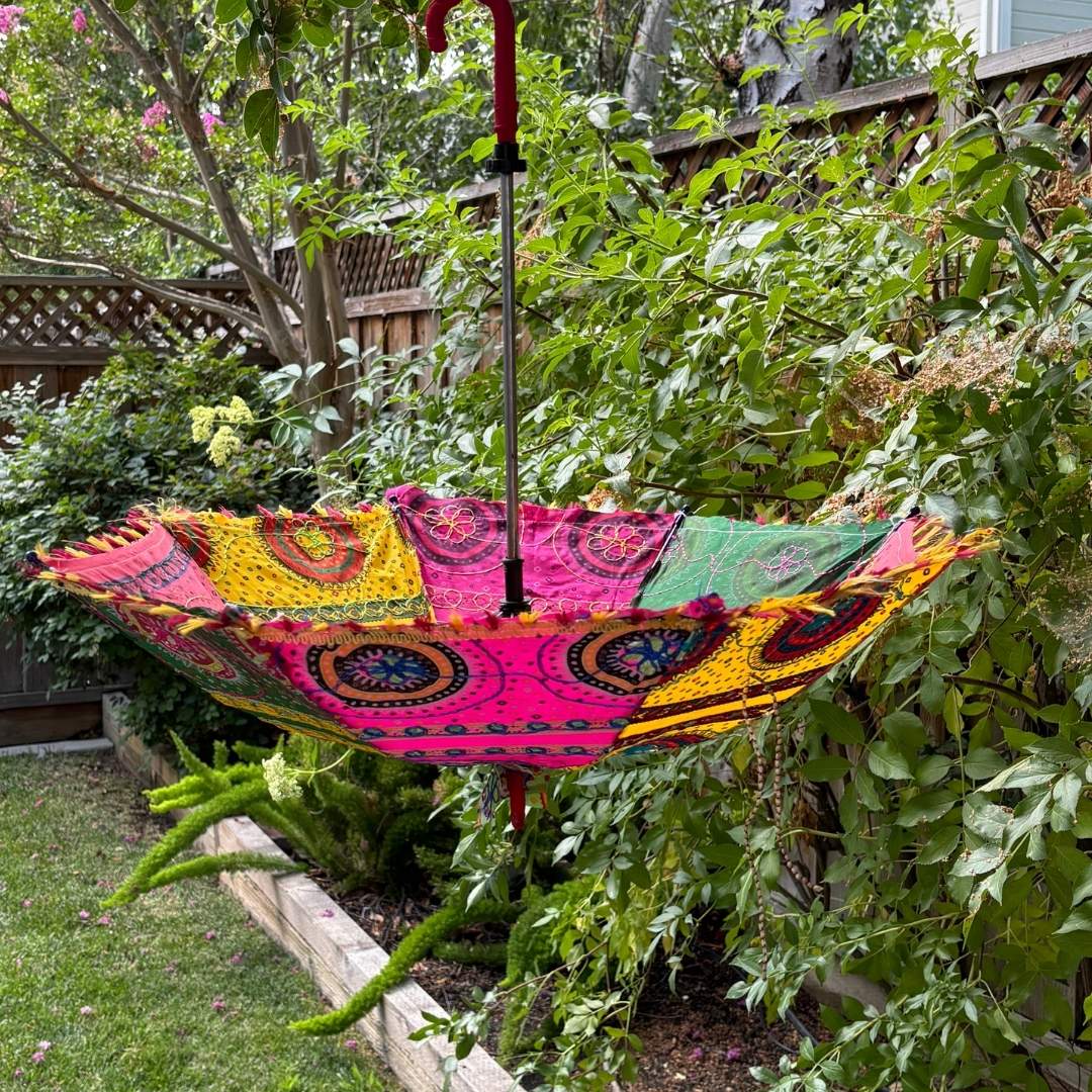 Vibrant decorative umbrella with traditional Rajasthani embroidery, perfect for enhancing Diwali decor