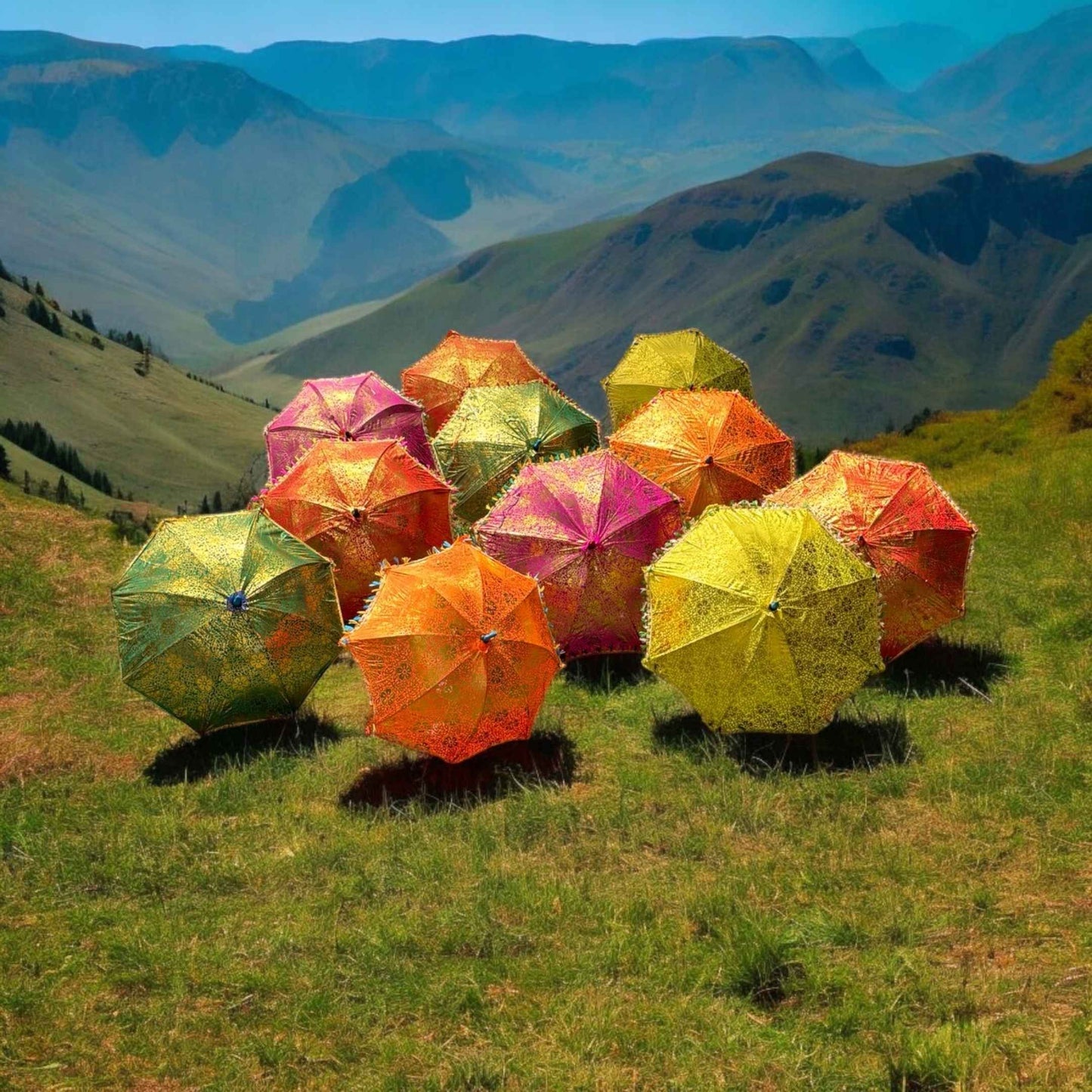 Decorative Desi umbrella with vibrant color patterns, perfect as a backdrop umbrella for events