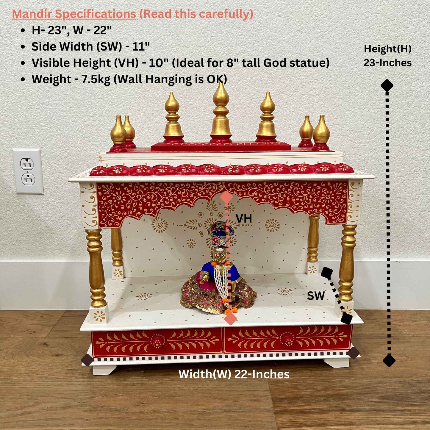 Dimensions of the wooden red mandir with drawers highlighting its use as hindu mandir temple usage at home, 23 inches height, 22 inches wide and 11 inches side width