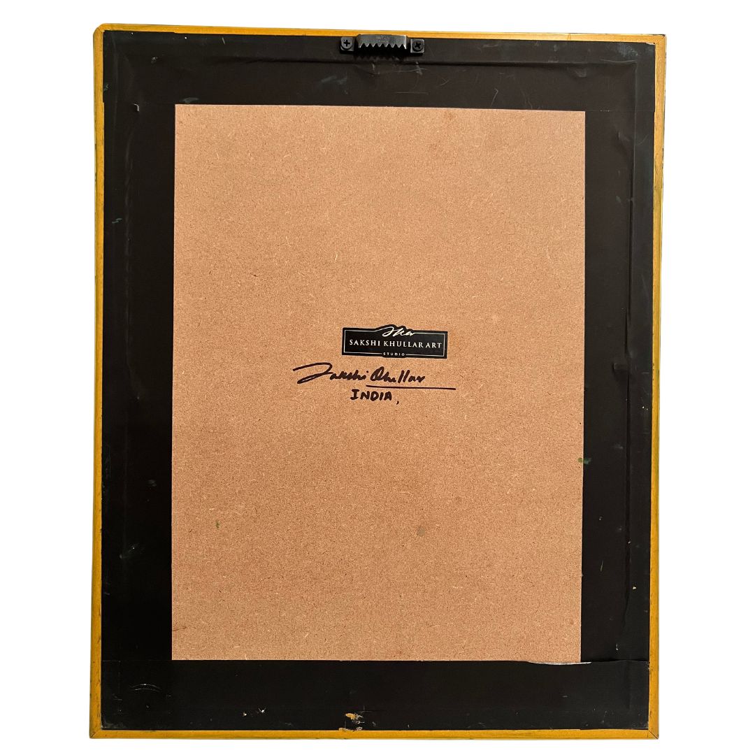 Renowned Indian artist Sakshi Khullar’s signature on Blue Ridge thunderstorm painting – part of her Jharokha wall art collection.