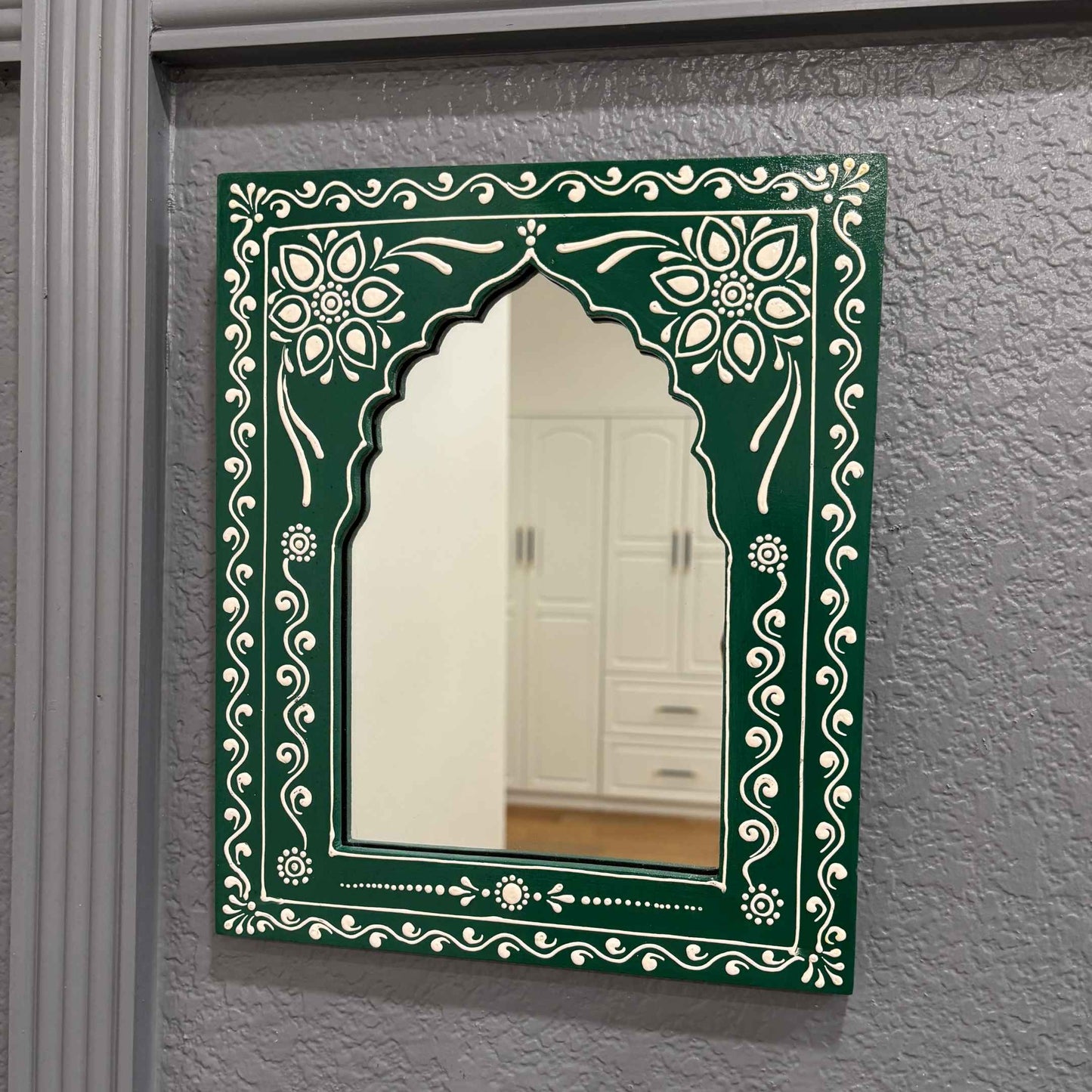 Handmade green Jharokha Mirror Frame by Urli Utsav Decor, a stunning blend of Indian artistry and heritage.