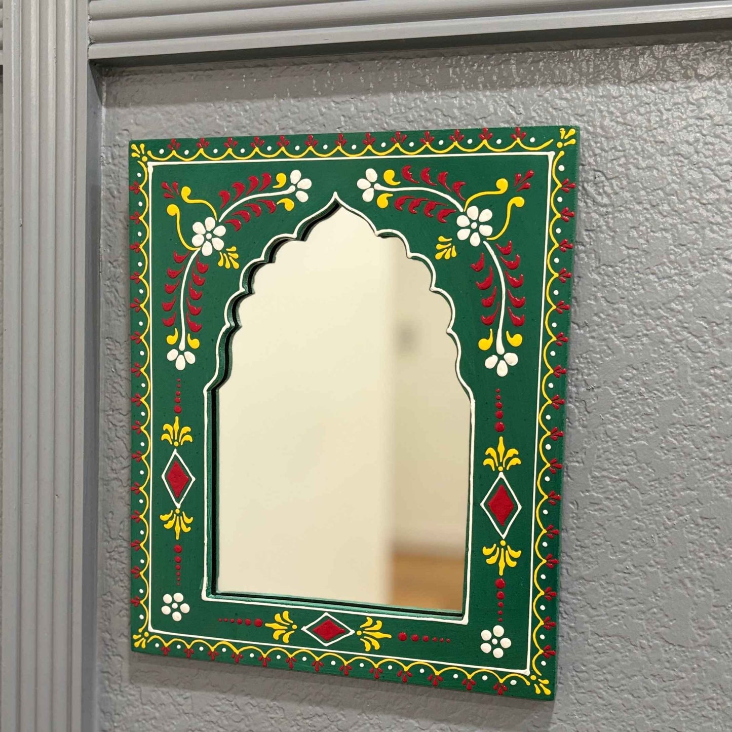 Indian Wall Decor Green Jharokha Mirror By Urli Utsav Decor, crafted with detailed artistry.