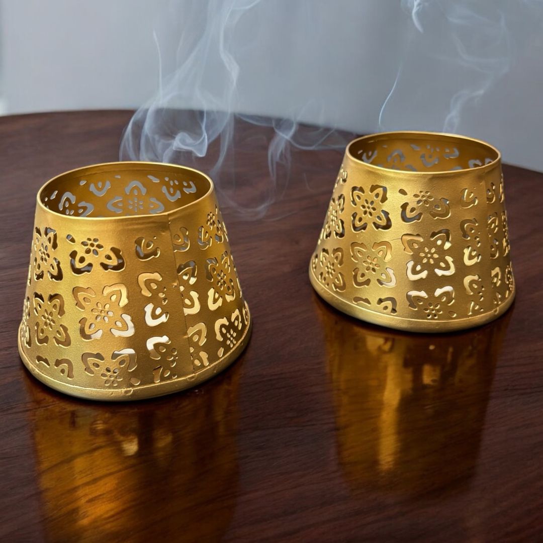 Trending Floral Utsav T-light Holder Set – 2 Gold Jali Diwali Diyas