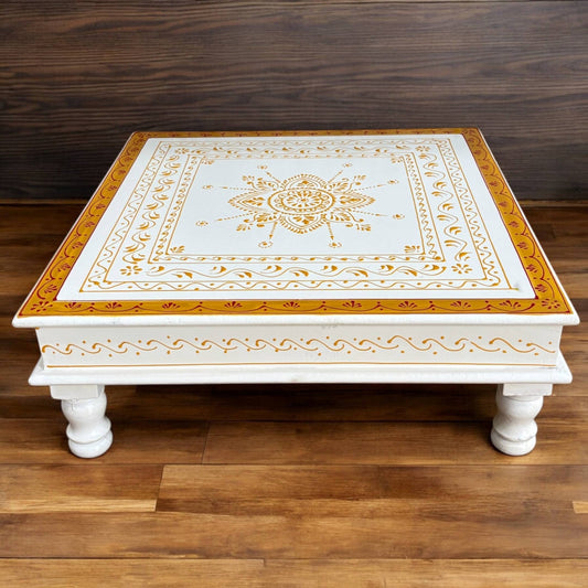 Elegant Wooden White Pooja Chowki, 18 Inches Gold Bajot – Perfect for traditional rituals and home decor.