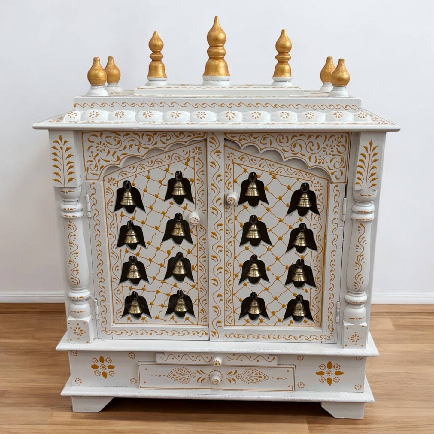 30x24x12-inch wooden pooja mandir in white and gold finish with hanging brass bells, perfect for home temple decor