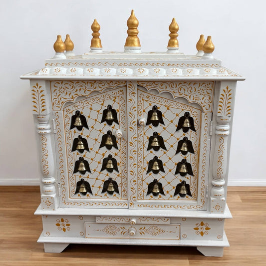 30x24x12-inch wooden pooja mandir in white and gold finish with hanging brass bells, perfect for home temple decor