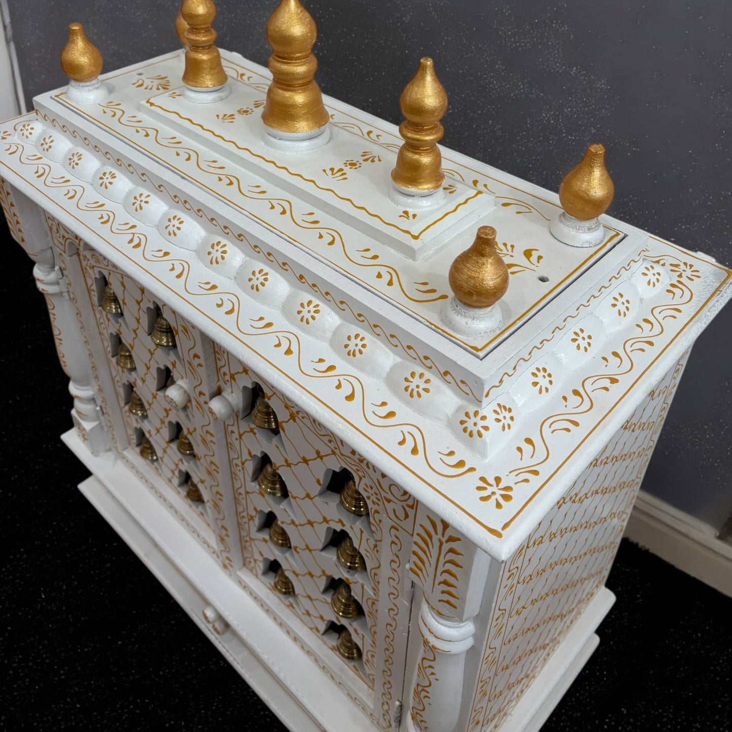 Side angle of the 30-inch tall wooden mandir showcasing its elegant design and spacious interior for idols