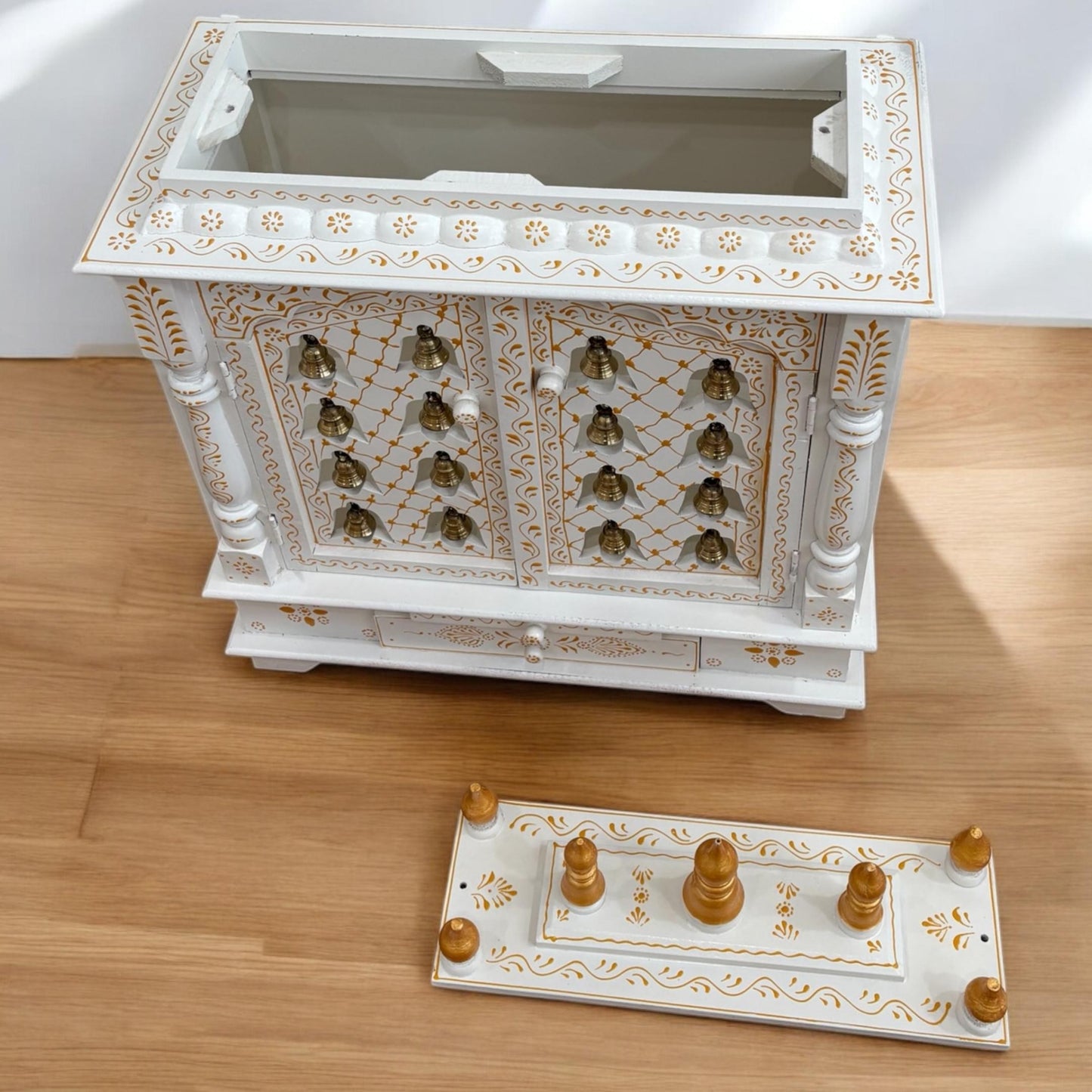Gopuram in gold color of White Wooden Pooja Mandir