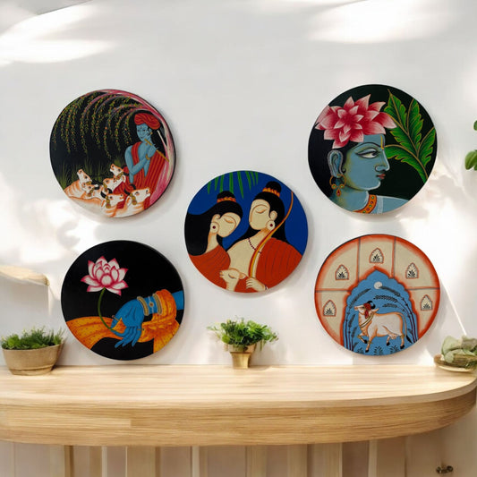 Set of handpainted boho wall plates showcasing various designs inspired by Indian art and modern bohemian themes, perfect for gallery walls
