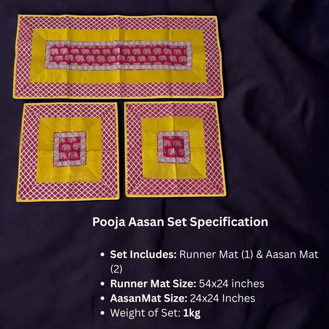 Set of Pooja Aasan mats with specifications on a dark fabric background